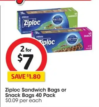 Coles Ziploc Sandwich Bags or Snack Bags 40 Pack offer