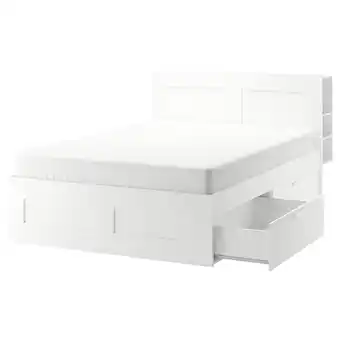 Brimnes Bed frame w storage and headboard, white/lönset, Queen