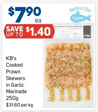 Foodland KB's Cooked Prawn Skewers in Garlic Marinade 250g offer