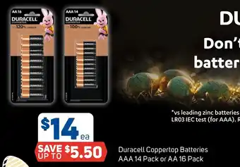 Foodland Duracell Coppertop Batteries AAA 14 Pack or AA 16 Pack offer