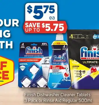 Foodland Finish Dishwasher Cleaner Tablets 3 Pack or Rinse Aid Regular 500mL offer