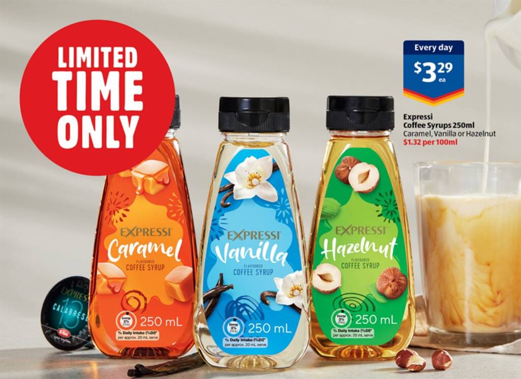Expressi Coffee Syrups 250ml Caramel, Vanilla or Hazelnut offer at ALDI