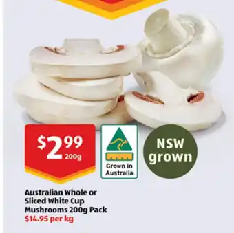 Australian Whole or Sliced White Cup Mushrooms 200g Pack