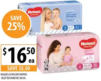 Supabarn HUGGIES ULTRA DRY NAPPIES SELECTED VARIETIES 30/54's offer