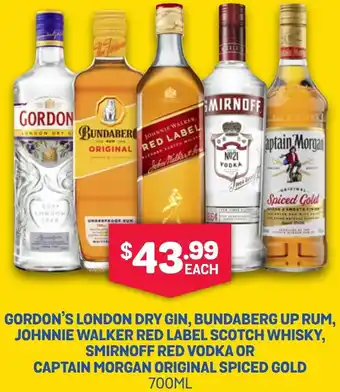 SipnSave GORDON'S LONDON DRY GIN, BUNDABERG UP RUM, JOHNNIE WALKER RED LABEL SCOTCH WHISKY, SMIRNOFF RED VODKA 700ML offer
