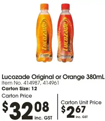 Campbells Wholesale Lucozade Original or Orange 380mL offer