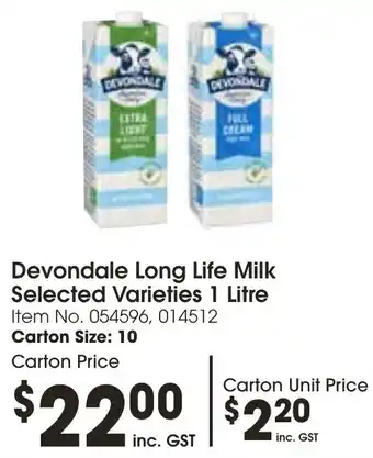 Campbells Wholesale Devondale Long Life Milk Selected Varieties 1 Litre offer