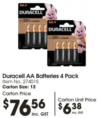 Campbells Wholesale Duracell AA Batteries 4 Pack offer