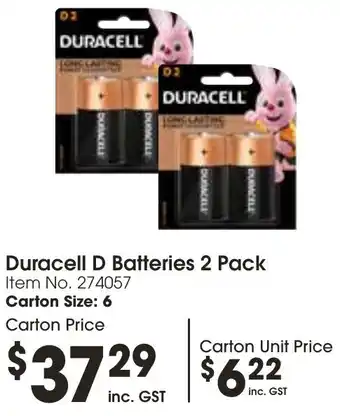 Campbells Wholesale Duracell D Batteries 2 Pack offer
