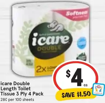 icare Double Length Toilet Tissue 3 Ply 4 Pack