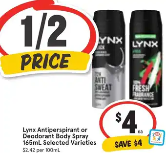 Ritchies Lynx Antiperspirant or Deodorant Body Spray 165mL offer