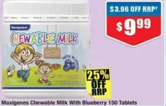 Chemist Warehouse Maxigenes Chewable Milk With Blueberry 150 Tablets offer