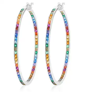Shiels Sterling silver multicolour rainbow cubic zirconia 50mm hoop earrings offer