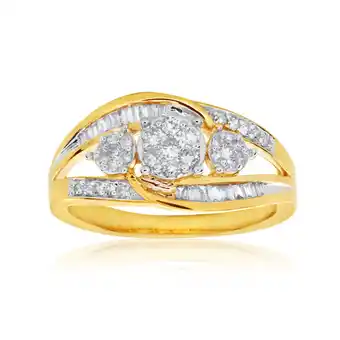 Shiels 9ct yellow gold diamond ring set with an assortment of brilliant and baguette diamonds offer