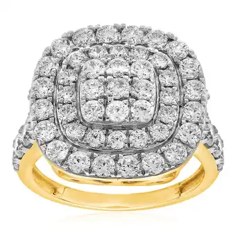 Shiels 9ct yellow gold 3 carat diamond cushion shape cluster ring offer