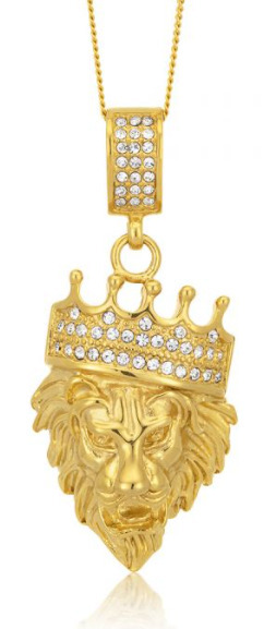 Shiels Stainless steel and gold plated crystal lion head with crown pendant offer