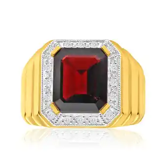 Shiels 9ct yellow gold 12x10mm emerald cut garnet and diamond halo gents ring offer