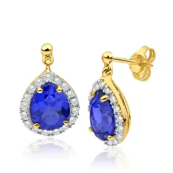 Shiels 9ct yellow gold created sapphire + cubic zirconia drop earrings offer