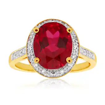Shiels 9ct yellow gold created ruby 10x8mm and diamond ring offer