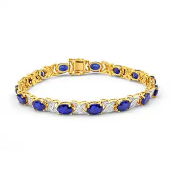 Shiels 9ct yellow gold 7x5mm oval cut created sapphire and diamond 19cm crossover bracelet offer