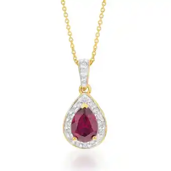 Shiels 9ct yellow gold 7x5mm created ruby and diamond pear halo pendant on 45cm chain offer