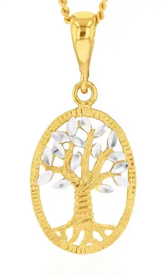 Shiels 9ct yellow and white gold tree of life diamond cut pendant offer