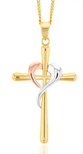 Shiels 9ct yellow, rose and white gold crossover on cross pendant offer