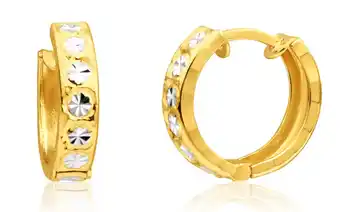 Shiels 9ct yellow gold huggie hoop earrings with diamond cut feature with rhodium offer