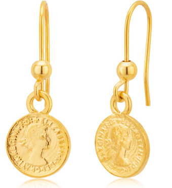9ct yellow gold sovereign coin drop hook earrings