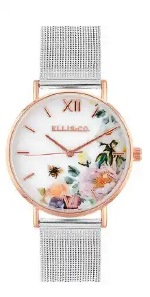 Shiels Ellis & co 'iris' floral stainless steel mesh bracelet womens watch offer