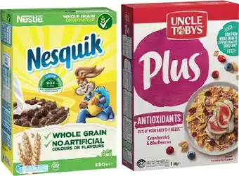 IGA Nestlé Nesquik or Uncle Tobys Plus Cereals 650-820g Selected Varieties offer
