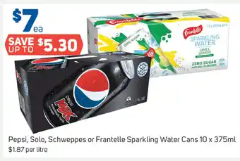 Foodland Pepsi, Solo, Schweppes or Frantelle Sparkling Water Cans 10x375ml offer