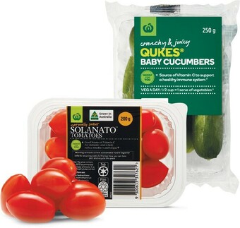 Woolworths Australian Sweet Solanato™ Tomatoes 200g Punnet or Qukes® Baby Cucumbers 250g Pack offer