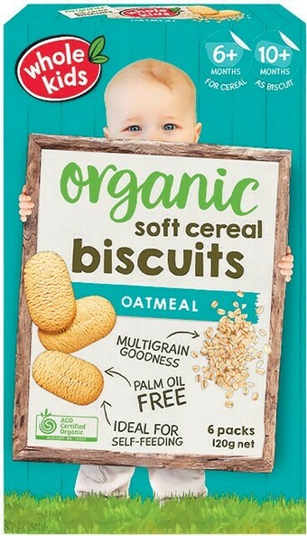 Woolworths Whole Kids Organic Soft Cereal Biscuits Oatmeal 120g Pk 6 offer