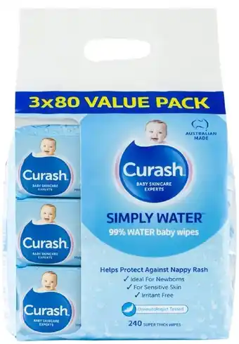 healthylife Curash Baby Simply Water 3 x 80 Baby Wipes offer