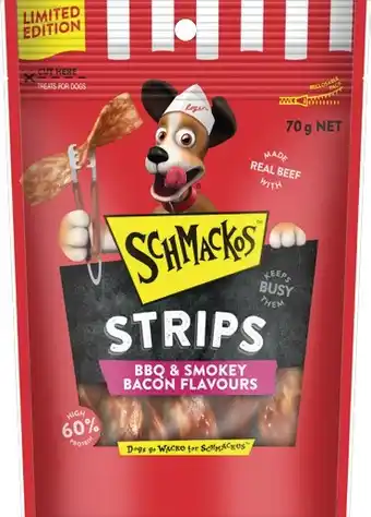 IGA Schmackos BBQ Flavoured Dog Treats Strips or Kebabs 70‑90g offer