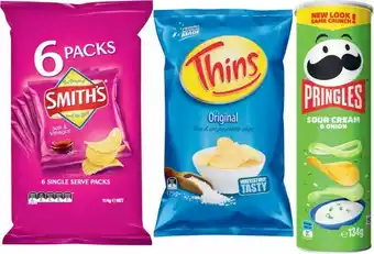 Coles Smith’s Chips 6 Pack 114g, Jumpy’s Snacks 5 Pack 90g, Pringles Potato Crisps 134g or Thins Potato Chips 150g-175g offer