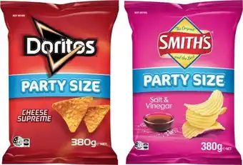 Coles Smith’s Crinkle Cut Potato Chips or Doritos Corn Chips Party Bag 380g offer
