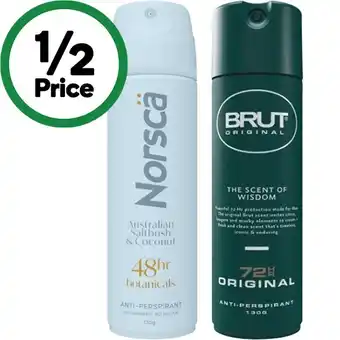 Woolworths Norsca Australian Series Deodorant or Brut 72 Hour Antiperspirant Deodorant 130g offer