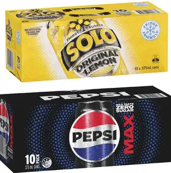 Coles Pepsi, Solo or Schweppes Soft Drink 10x375mL offer