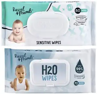 Coles Rascal + Friends H2O Baby Wipes 72 Pack or Sensitive Wipes 80 Pack offer