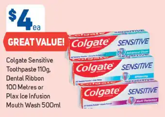 Foodland Colgate Sensitive Toothpaste 110g, Dental Ribbon 100 Metres or Plax Ice Infusion Mouth Wash 500ml offer