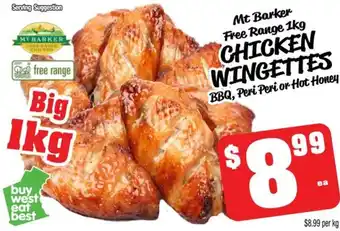 Farmer Jack's Mt Barker Free Range 1kg CHICKEN WINGETTES BBQ, Peri Peri or Hot Honey offer