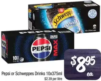 Farmer Jack's Pepsi or Schweppes Drinks 10x375ml offer