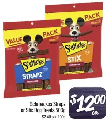 Farmer Jack's Schmackos Strapz or Stix Dog Treats 500g offer