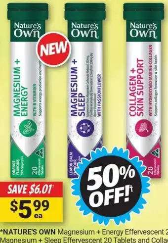 NATURE'S OWN Magnesium + Energy Effervescent 20 Tablets Magnesium + Sleep Effervescent 20 Tablets and Collagen + Skin