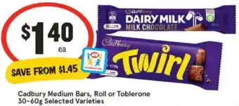 IGA Cadbury Medium Bars, Roll or Toblerone 30-60g offer