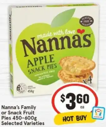 IGA Nanna's Family or Snack Fruit Pies 450-600g offer