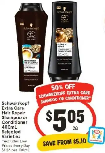 IGA Schwarzkopf Extra Care Hair Repair Shampoo or Conditioner 400mL offer