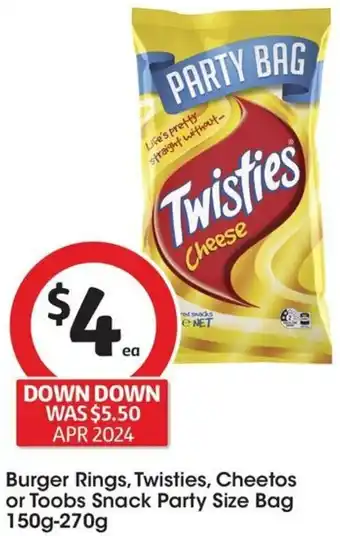 Coles Burger Rings, Twisties, Cheetos or Toobs Snack Party Size Bag 150g-270g offer